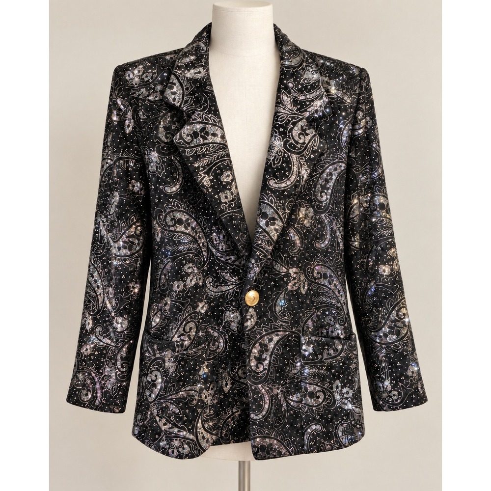 Vintage Joanna Blazer Size Small Black Silver Glitter Paisley Velvet Jacket